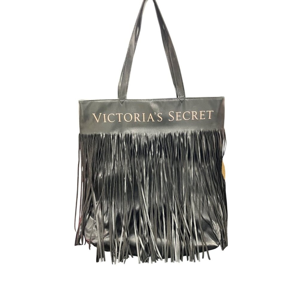 Victorias Secret Black Fringe Tote Bag With Magnetic Snap Closure & Double Handl